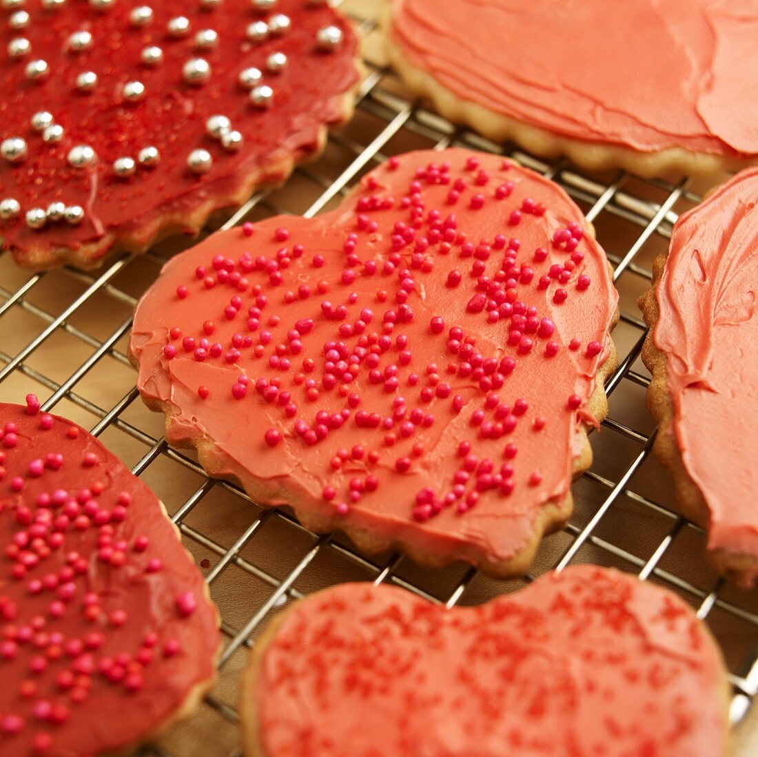 Decorated Heart Cookies on Cooling Rack