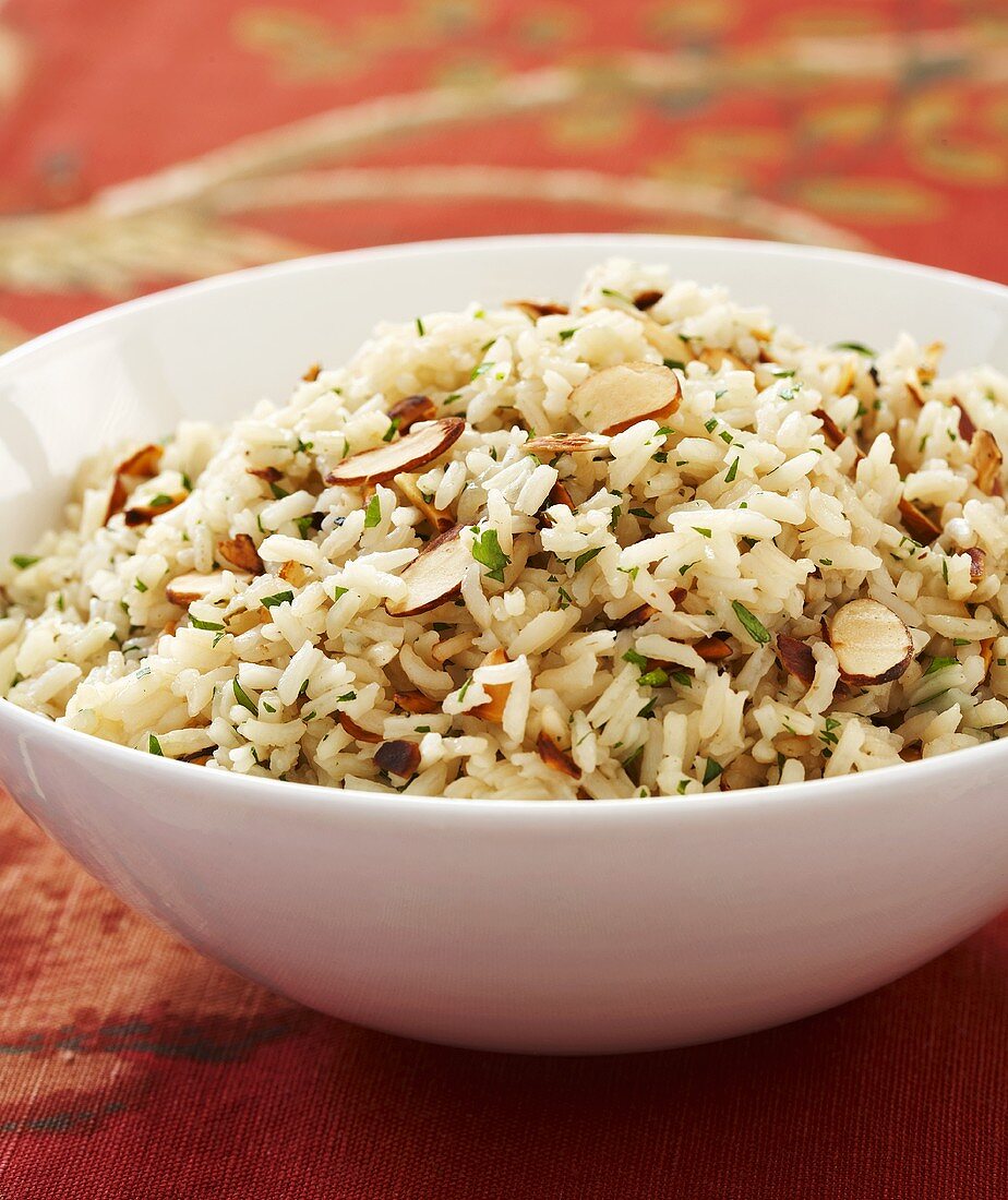 Bowl of Herbed Rice Pilaf with Sliced Almonds