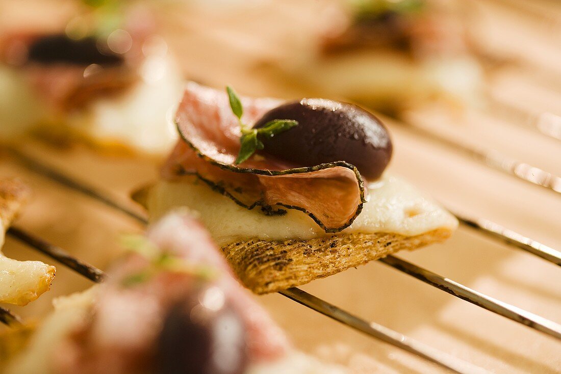 Ham and Cheese Cracker with Olive; Hors d'Oeuvre