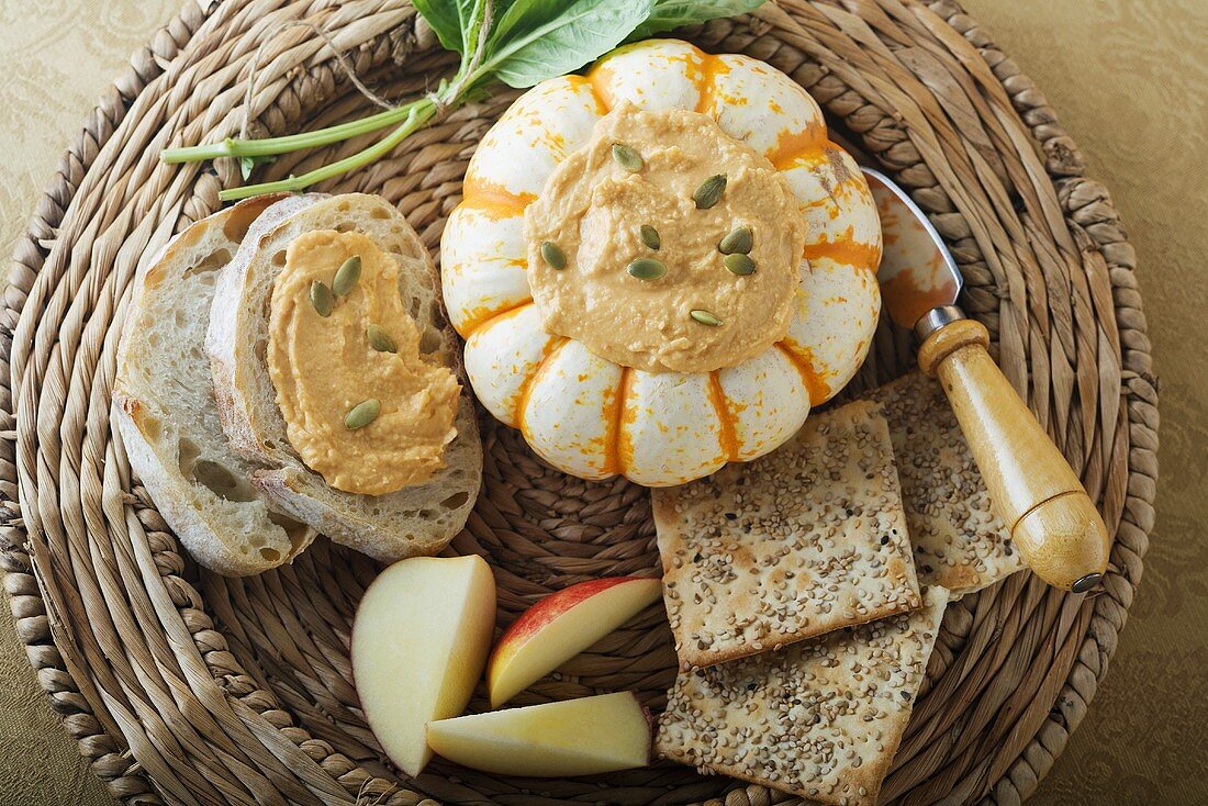 Roasted Red Pepper Hummus Served in Gourd; Crackers and Bread