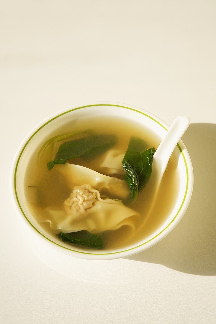 Bowl of Wanton Soup with Spoon