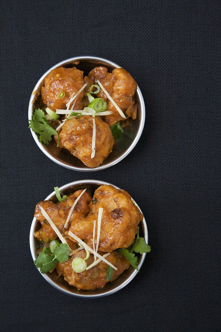 Two Bowls of Gobi Manchurian; Sweet and Spicy Fried Cauliflower