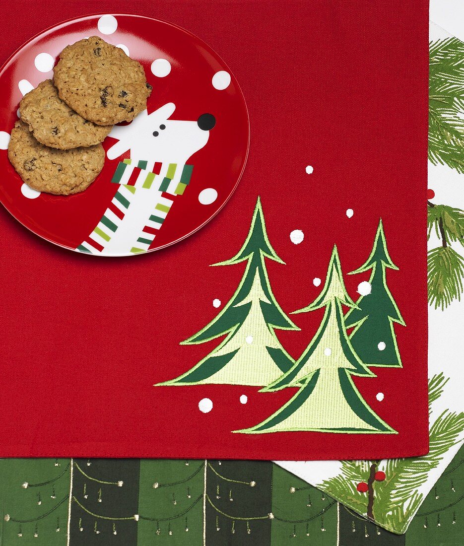 Oatmeal Raisin Cookies on Reindeer Plate; Christmas Place Mat