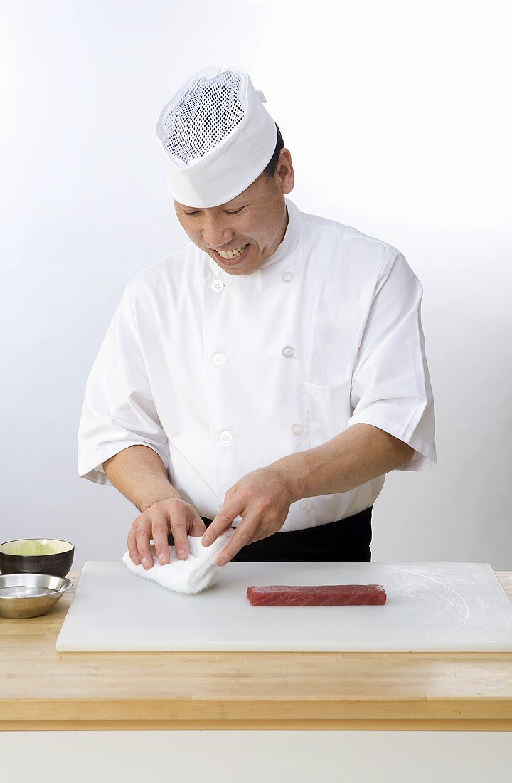 Sushi Chef Preparing Ahi Tuna