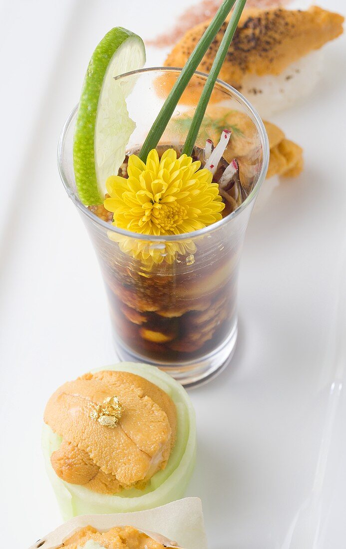 Uni and Shot Glass with Soy Sauce, Uni and Quail Eggs