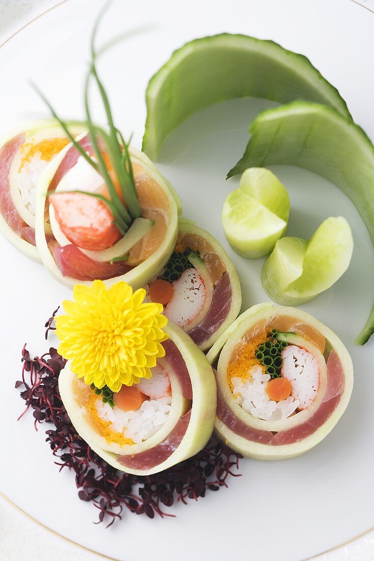 Cucumber Roll with Crab, Salmon,Tuna and Chives