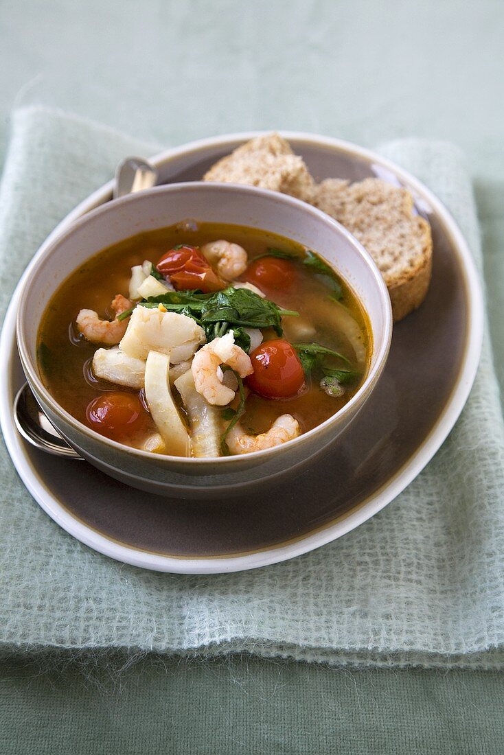 Bowl of Fish Soup with Bread