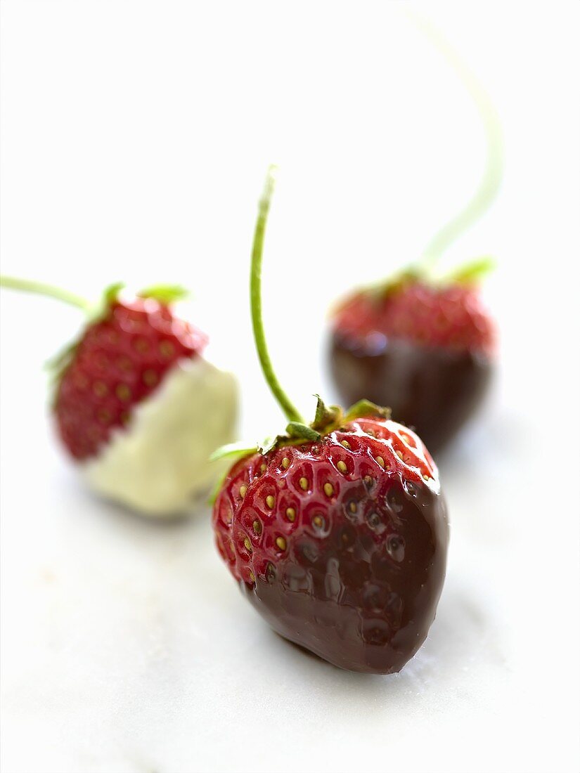 Erdbeeren mit weisser und dunkler Schokoladenglasur