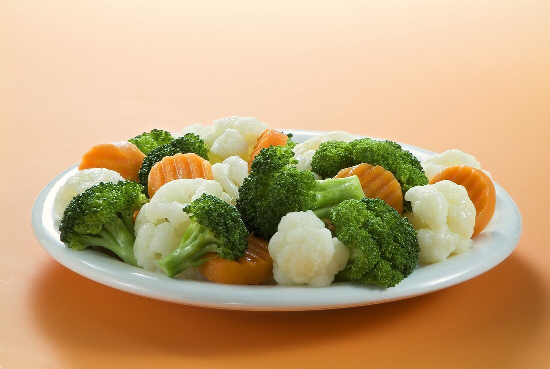 Plate of Steamed Broccoli, Cauliflower and Carrots