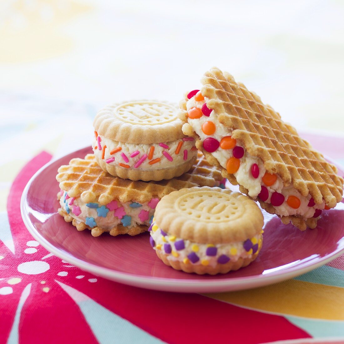Assorted Ice Cream Sandwiches on a Pink Dish