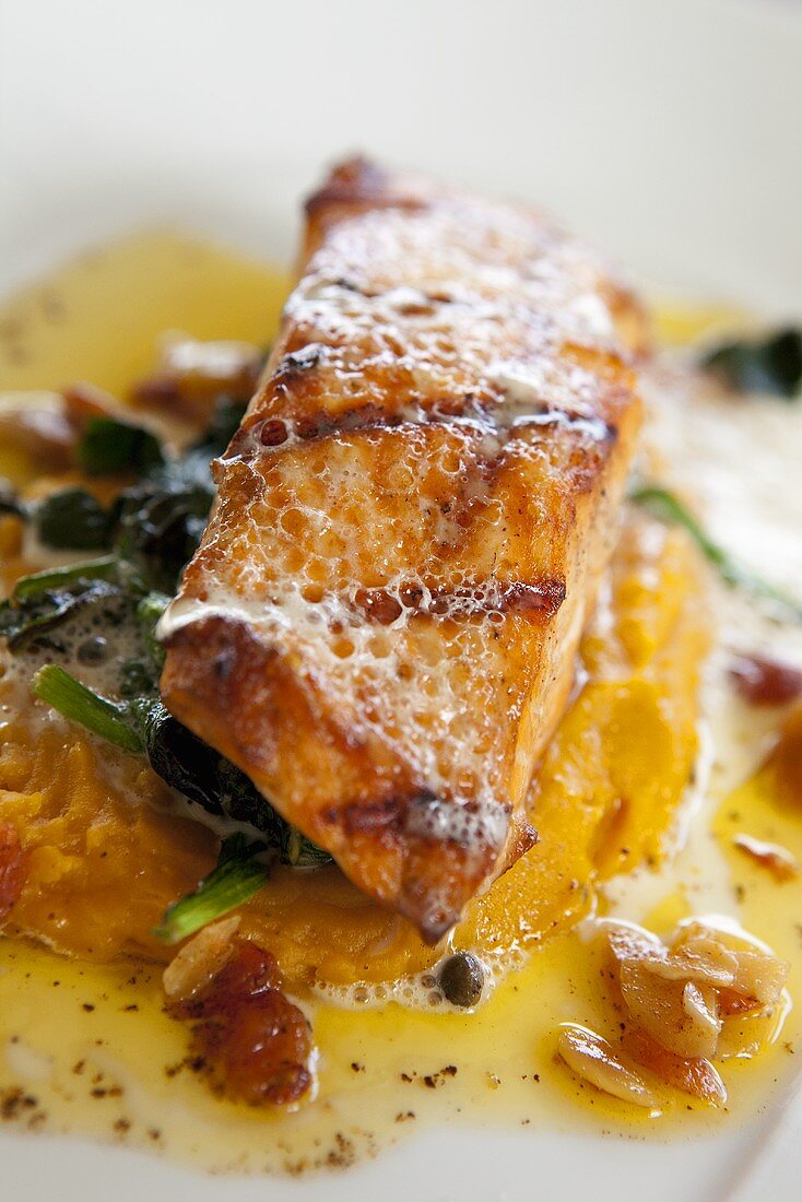 Broiled Salmon on top of Sweet Potato Puree and Sauteed Spinach