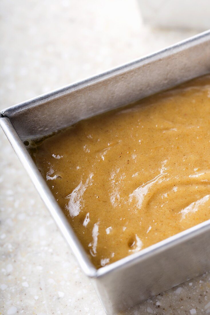 Pumpkin Bread Batter in Metal Loaf Pan