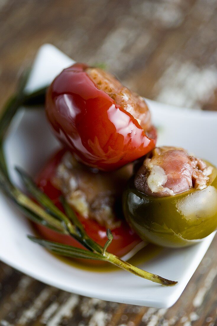 Red and Green Cherry Peppers Stuffed with Prosciutto and Cheese