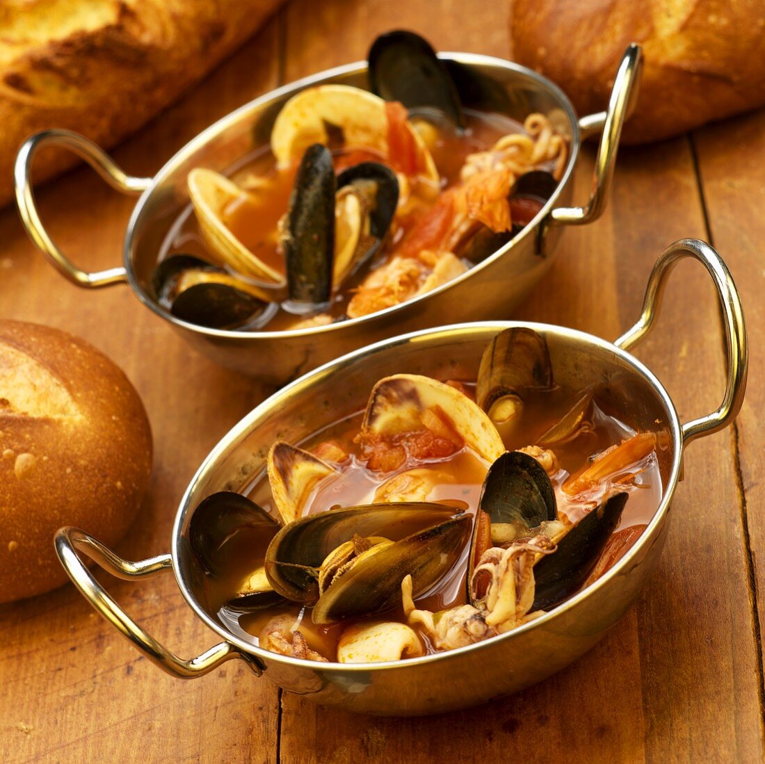 Seafood Stew in Metal Bowls