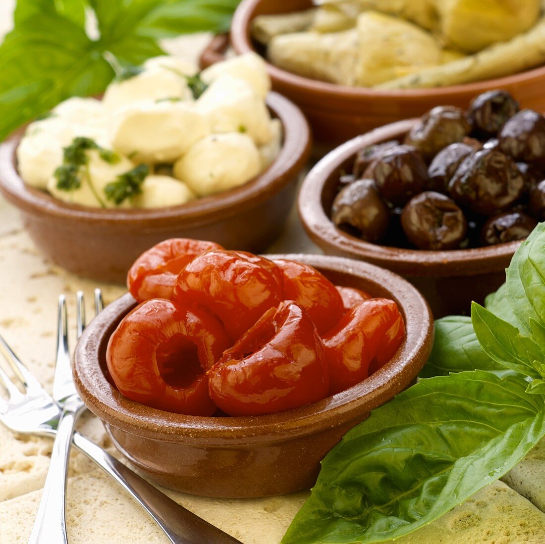 Tapas (Peppers, olives, potatoes, artichokes)