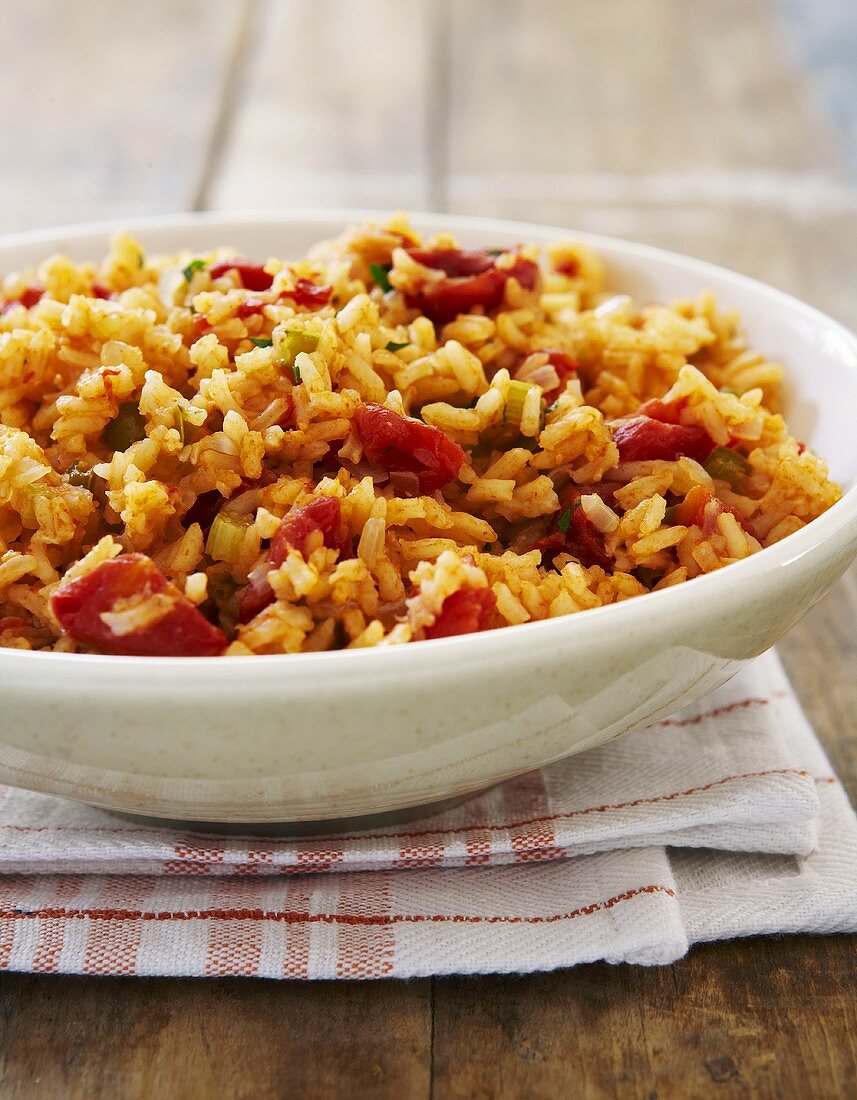 Creole Red Rice in a White Bowl