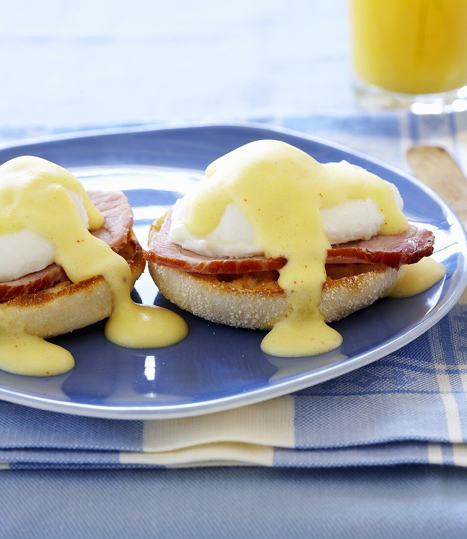 Eggs Benedict on a Blue Plate
