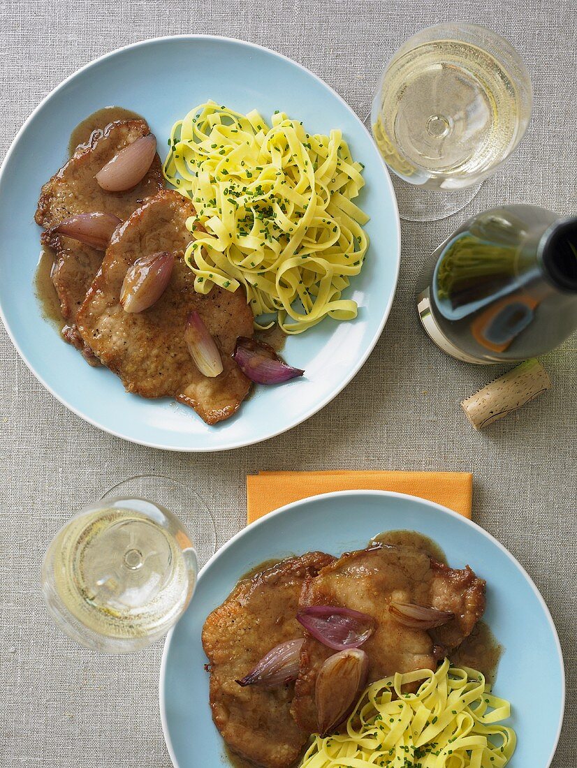 Pork Cutlets with Shallots and Pasta