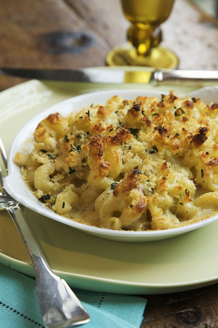 Bowl of Baked Organic Macaroni and Cheese