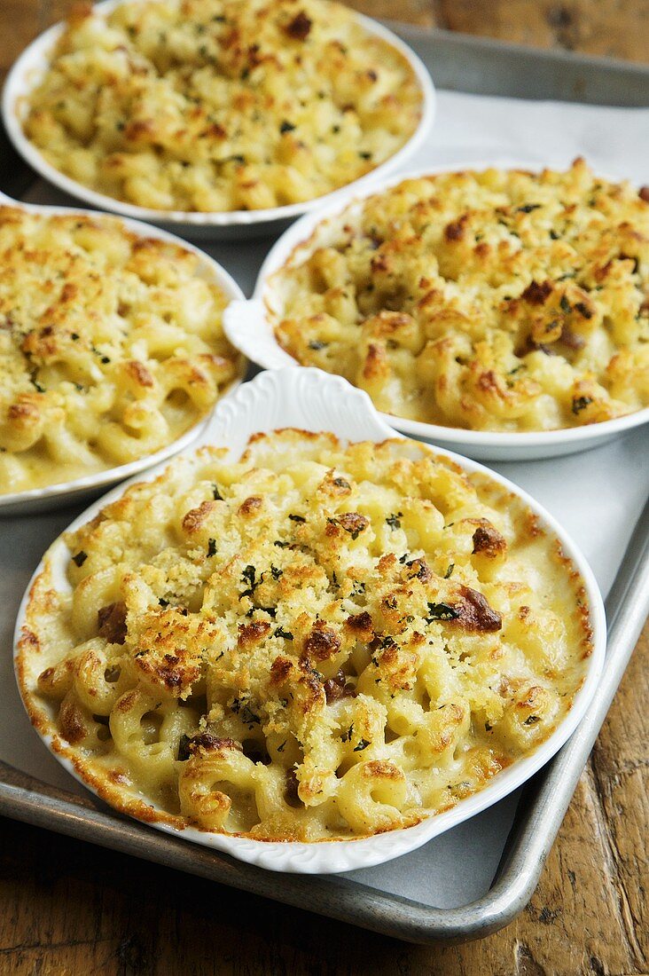 Four Individual Baked Organic Macaroni and Cheese Dishes