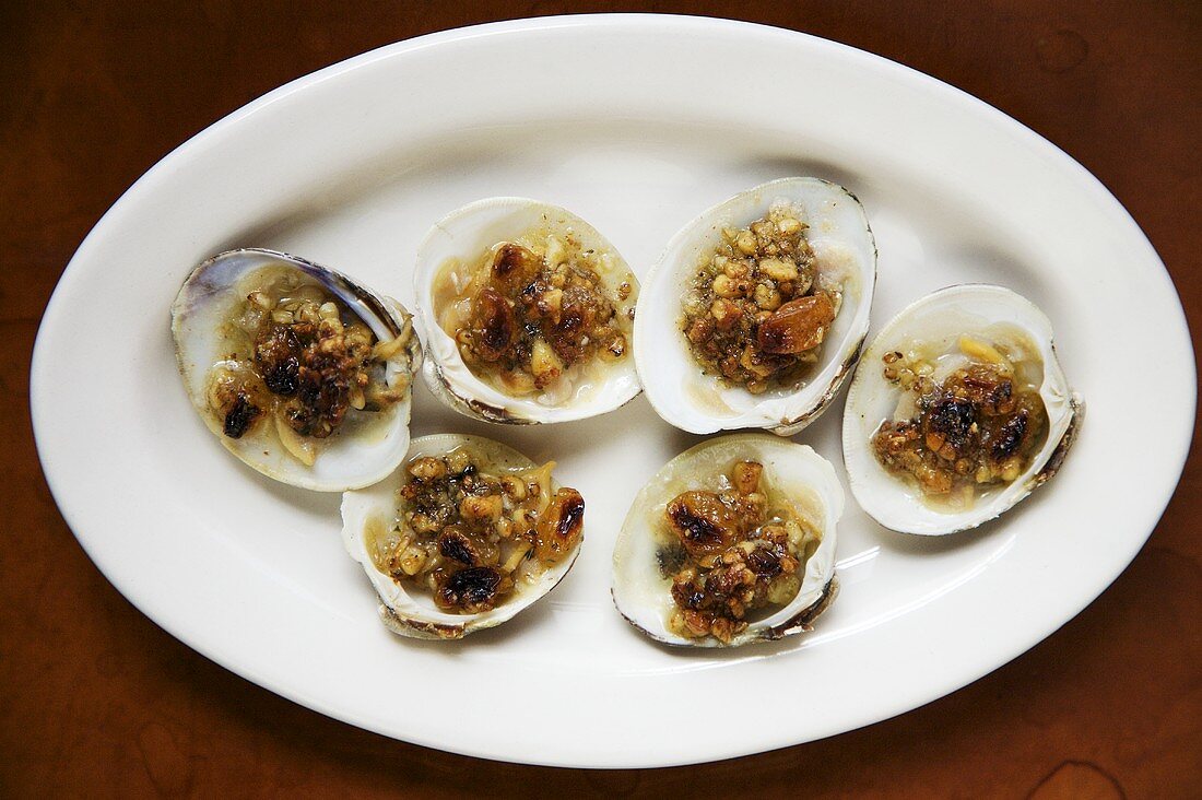Broiled Stuffed Clams on White Platter