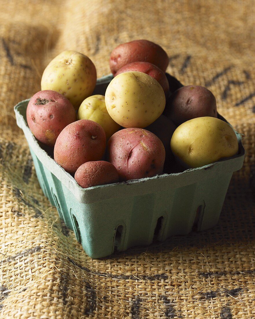 New and Red Potatoes in Green Container on Burlap