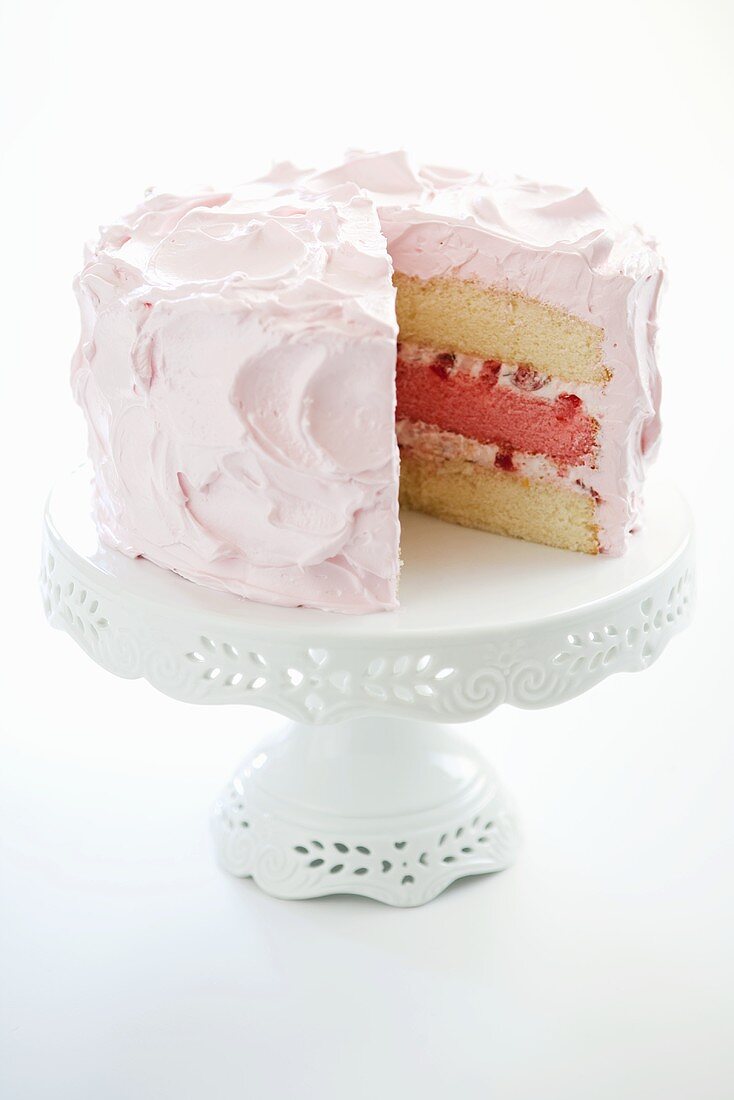 Pink Azalea Cake; 3 Layer Yellow and Strawberry Cake; Slice Removed