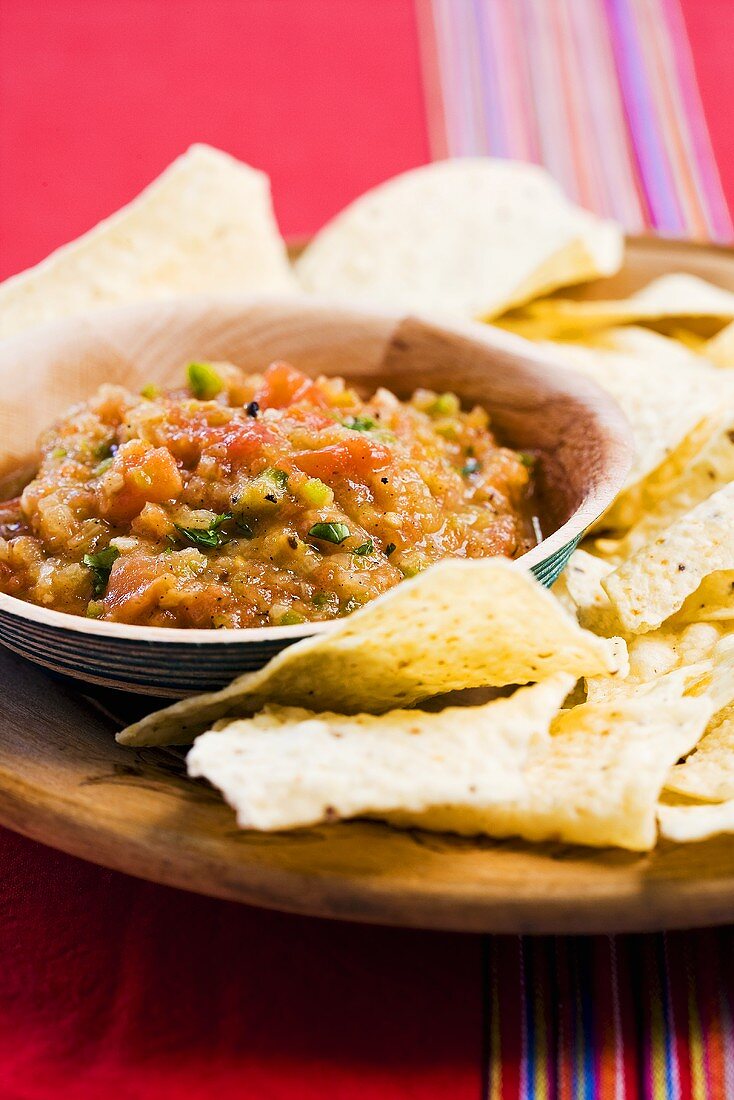 Roasted Tomato Salsa in a Bowl with Chips