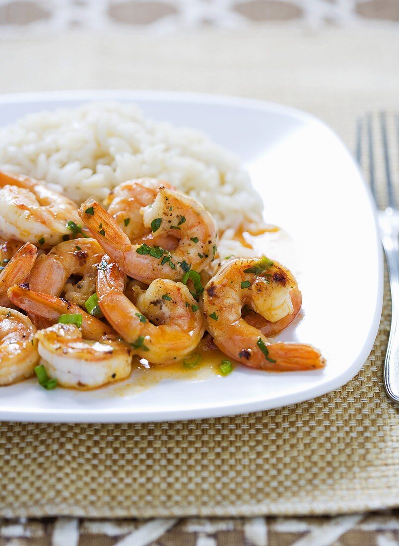 Spicy Sauteed Shrimp with Rice on a Plate