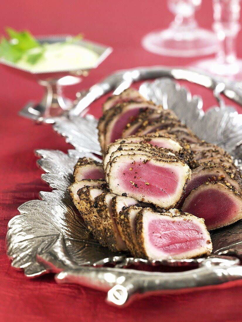 Pepper Crusted Tuna Sliced on Platter