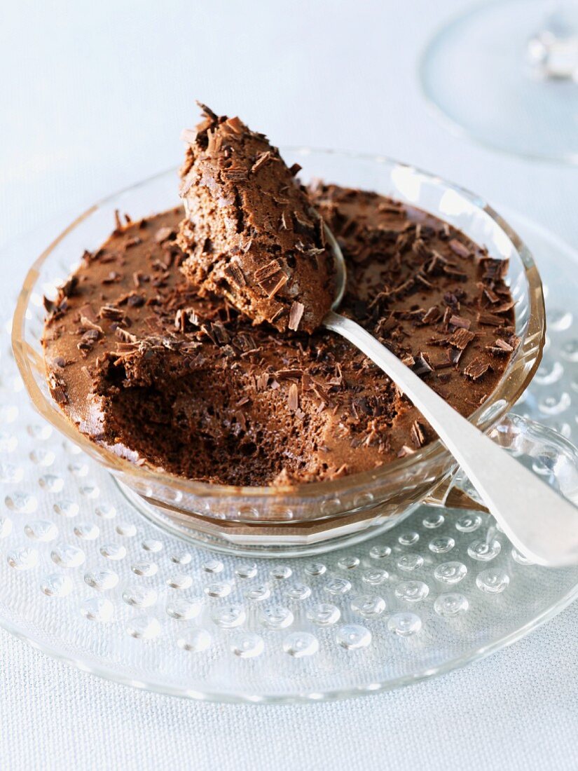 Bowl of Chocolate Mousse with Spoon; Spoonful of Mousse