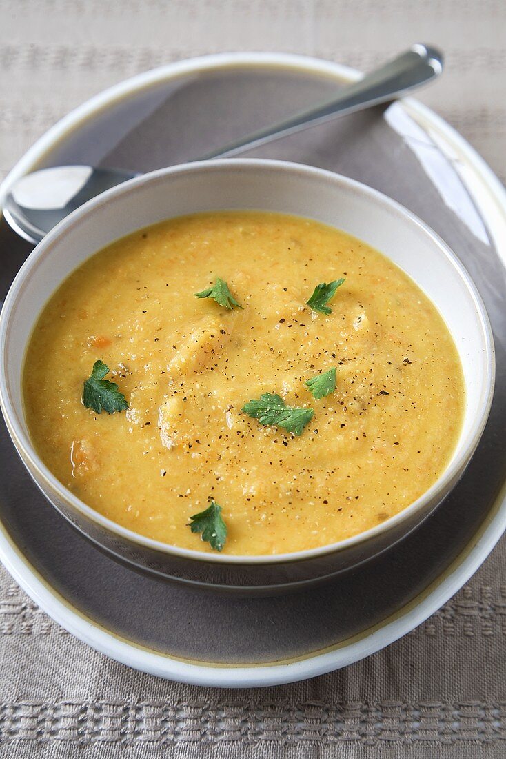 Carrot, Lentil and Coriander Soup in a Bowl; Spoon 