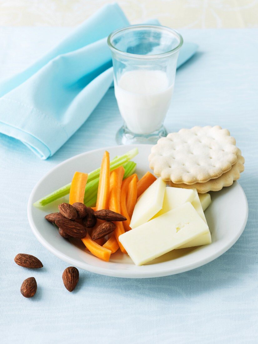 Healthy Snack Plate with a Glass of Milk