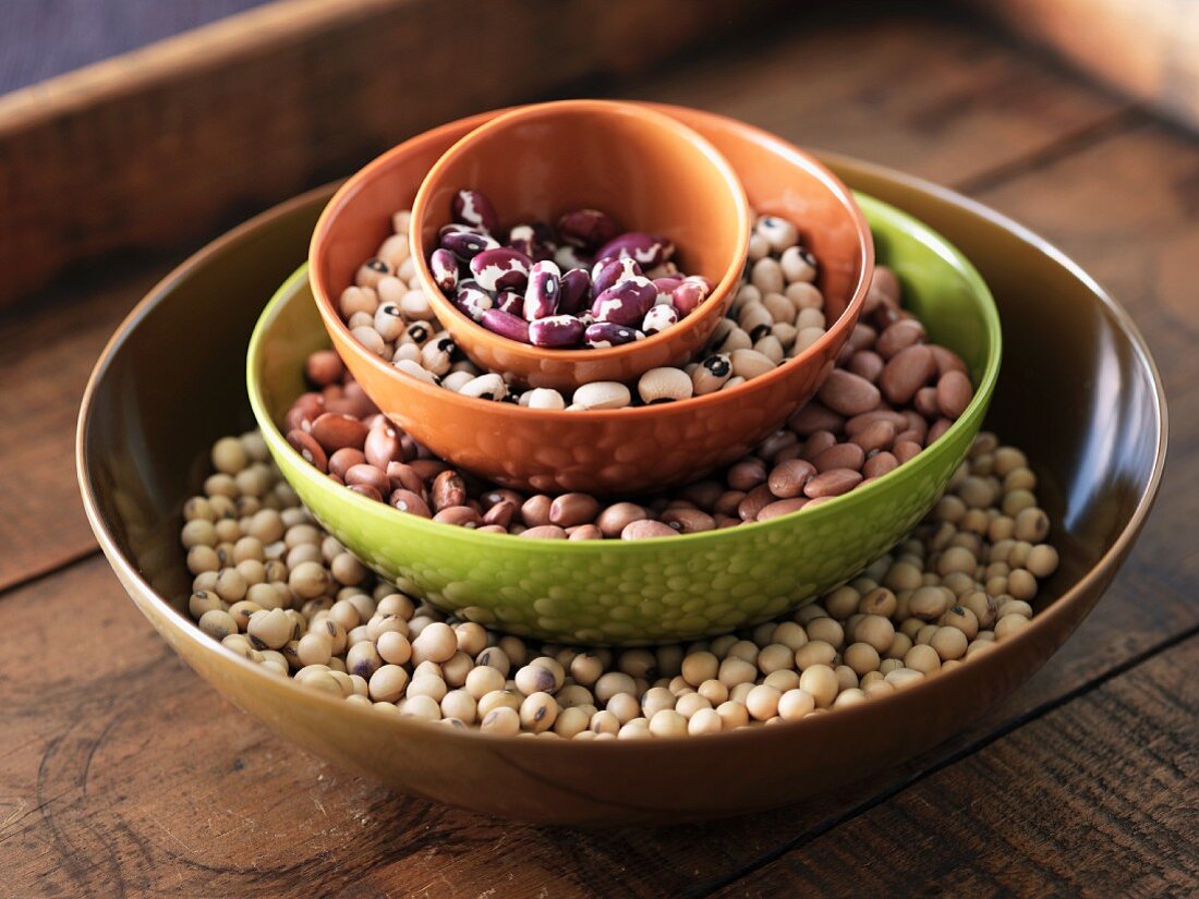 Stacked Bowls of Assorted Beans