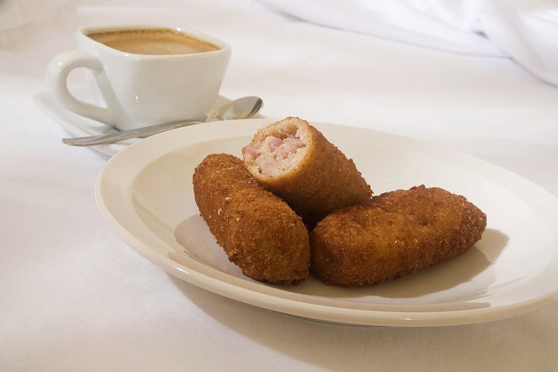 Croqueta de Jamon; Cuban Ham Croquettes; With Cuban Coffee