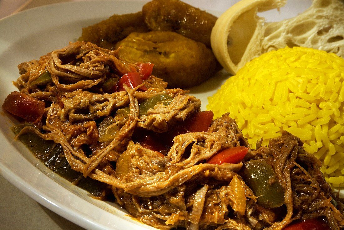 Ropa Vieja; Cuban Skirt Steak Boiled with Vegetables; Yellow Rice