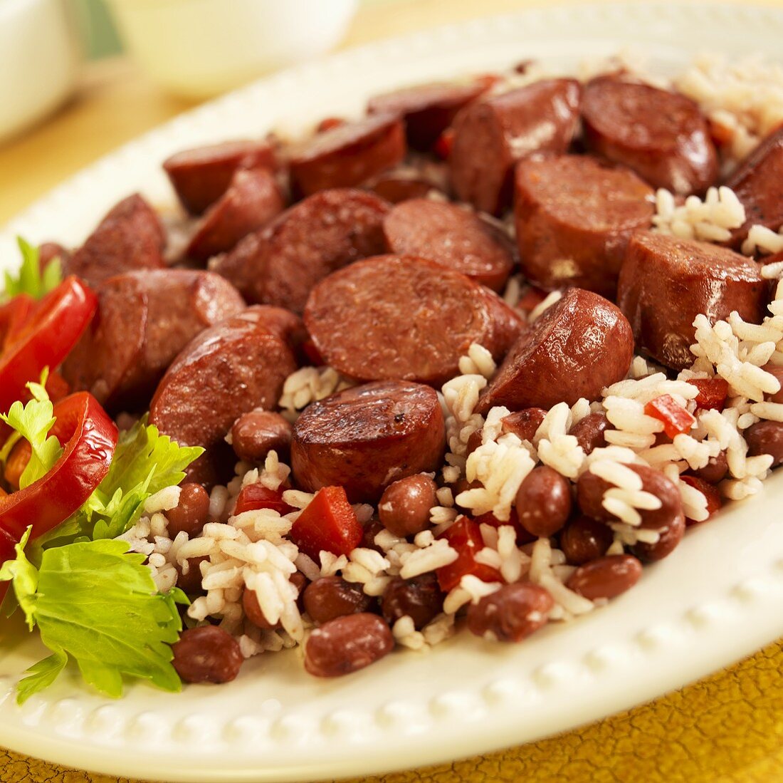 Plate of Red Beans and Rice with Andouille Sausage 