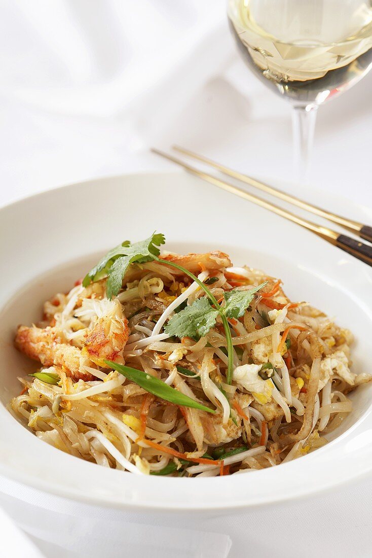 Shrimp Pad Thai; Chopsticks and White Wine