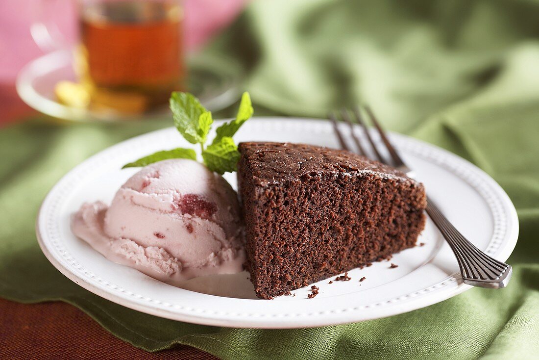 Slice of Chocolate Cake with a Scoop of Ice Cream