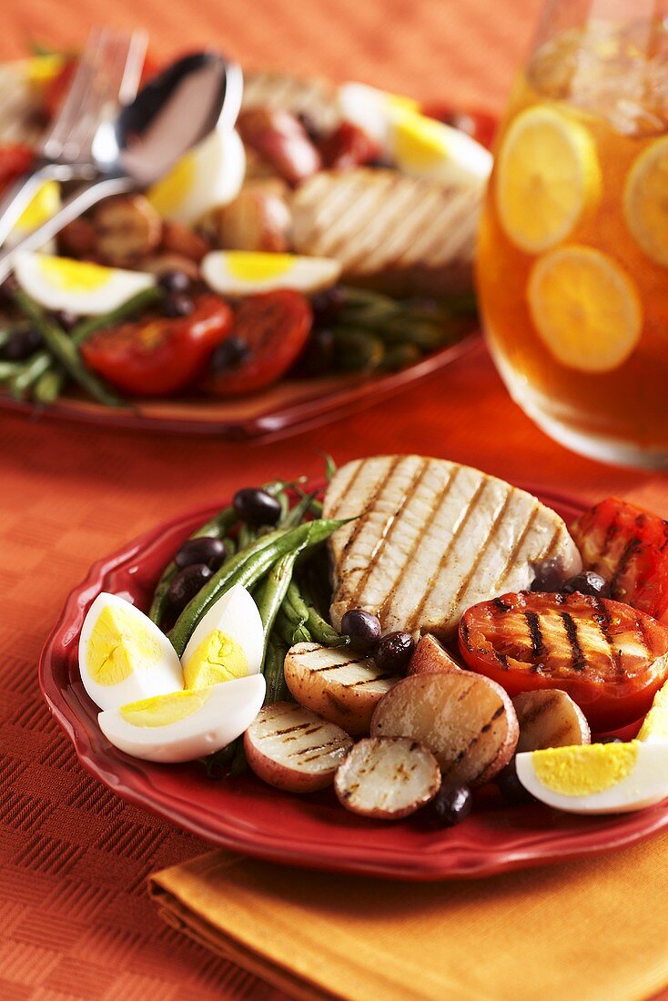 Serving of Grilled Vegetables with Tuna and Boiled Eggs