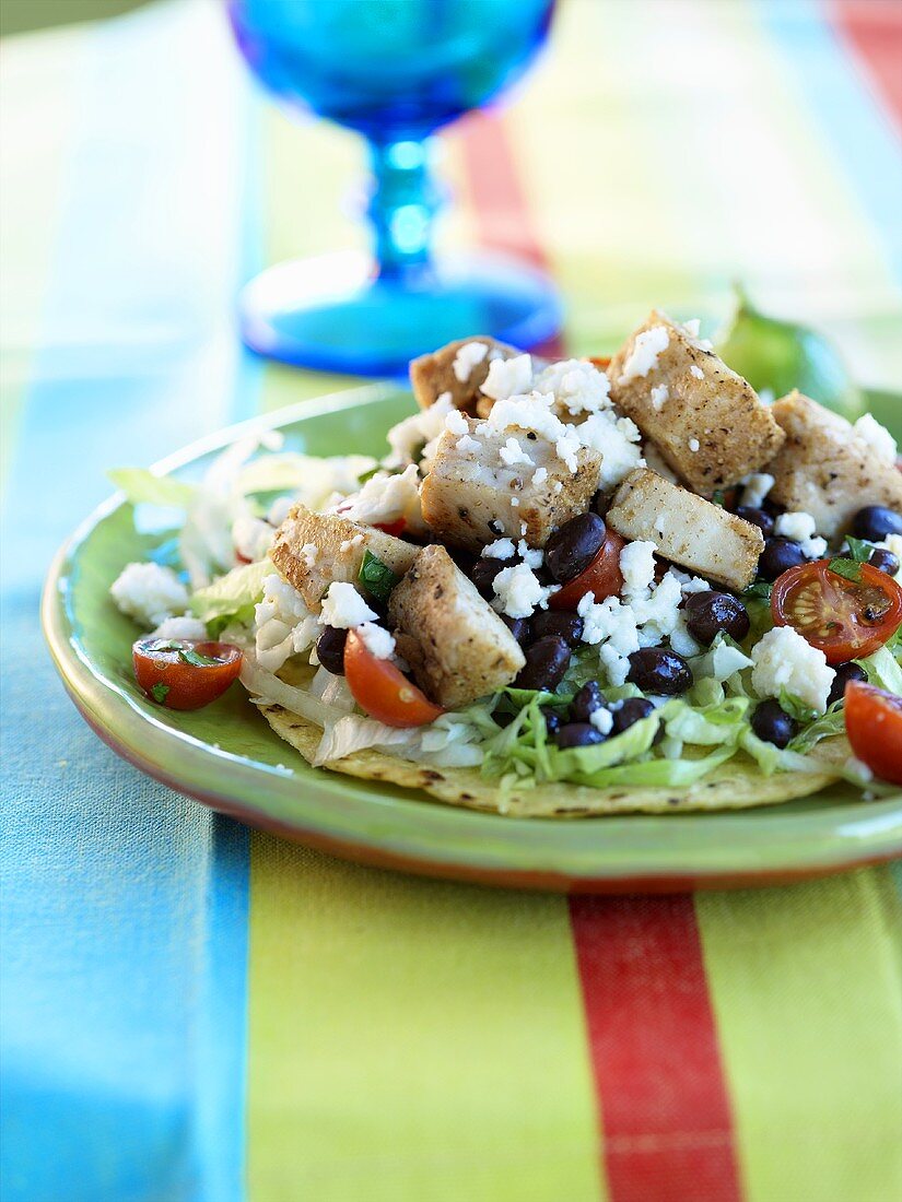 Chicken Tostada with Black Beans and Feta Cheese