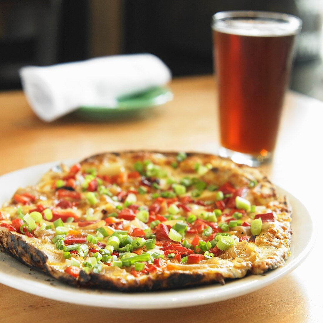 Scallion and Red Pepper Pizza; Beer