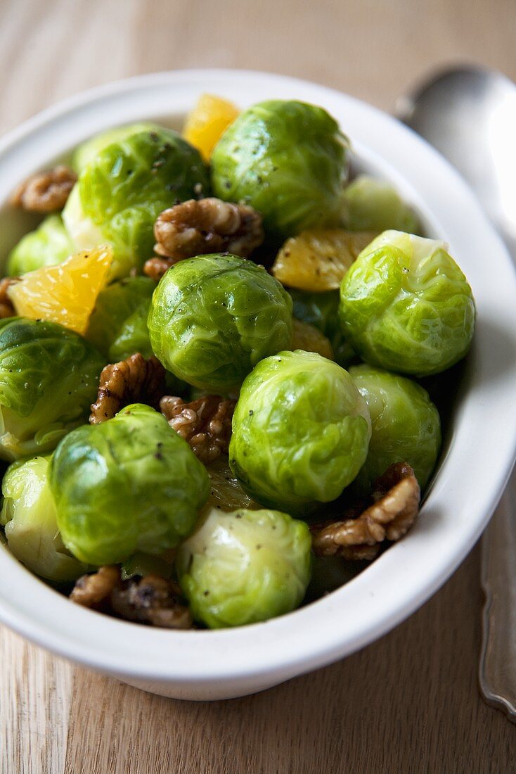 Brussels Sprouts with Orange and Walnuts in a Bowl
