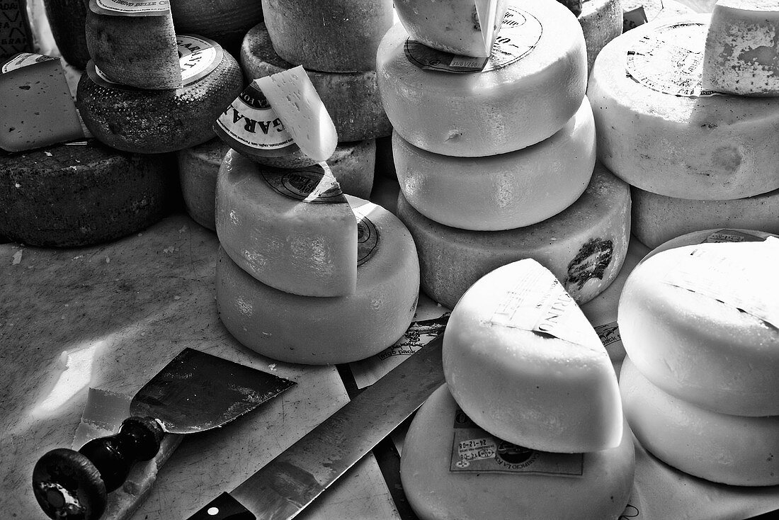 Verschiedene Käselaibe auf dem Markt (Italien)