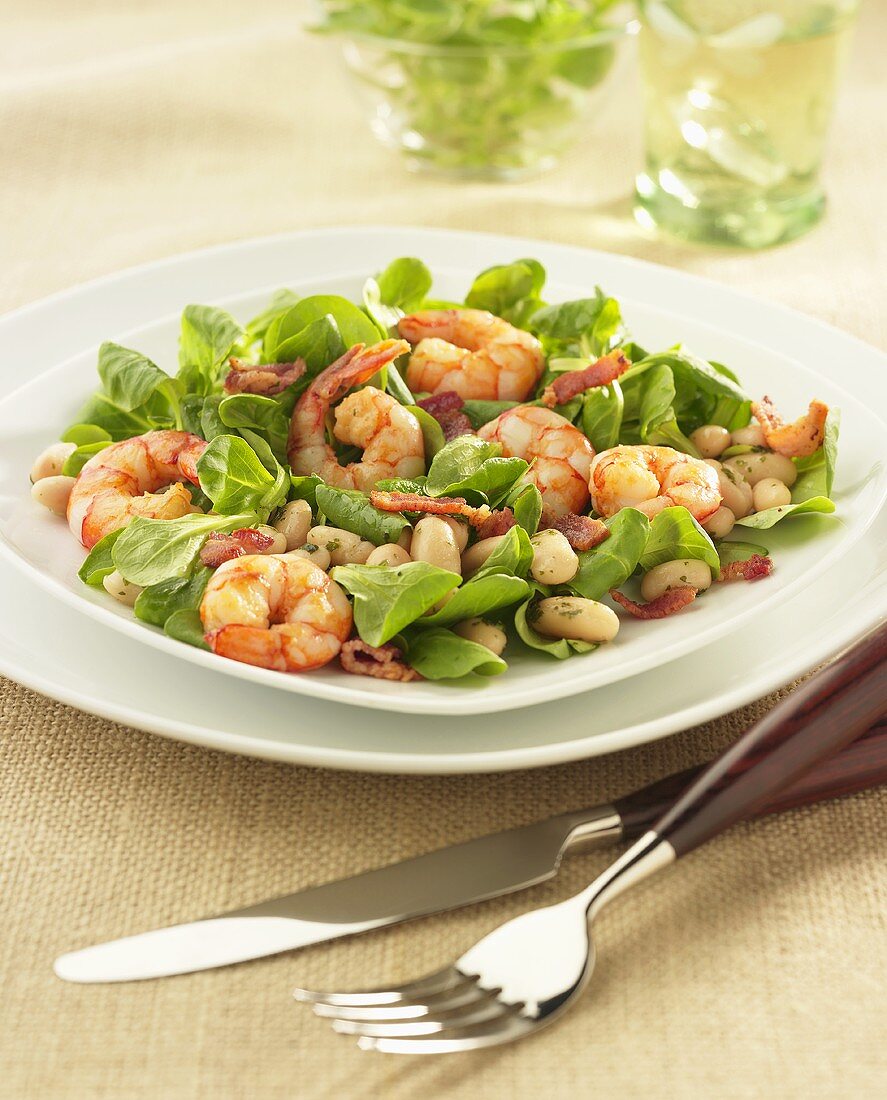 Sauteed Shrimp with Fresh Baby Greens, Bacon and White Beans