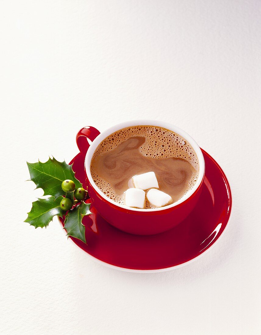 Cocoa In Red Cup with Marshmallows and Holly Sprig
