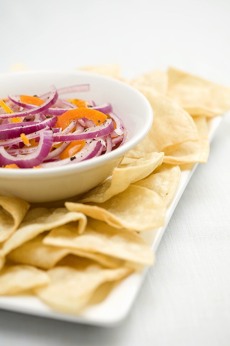Bowl of Red Onion Salsa with Chips