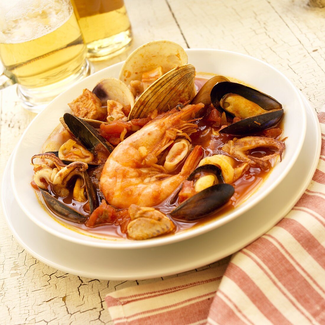 Bowl of Seafood Stew with Shellfish and Calamari