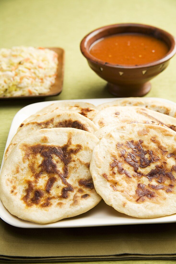 Pupusa on a Platter; Salsa and Pickled Cabbage