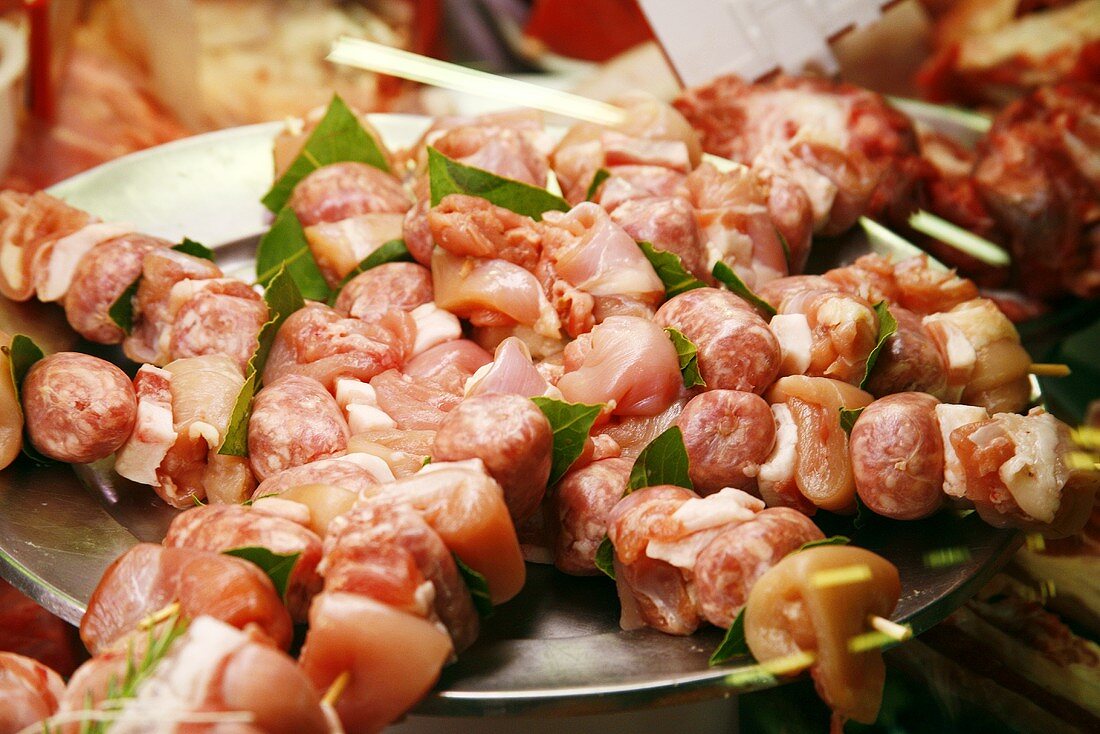 Shish Kabobs Made with Chicken, Veal and Bay Leaves; On Display at Market in Florence, Italy